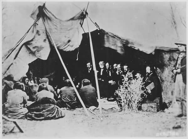 Treaty of Fort Laramie of 1868 - General William Sherman with Indian Chiefs at Fort Laramie, Wyoming
